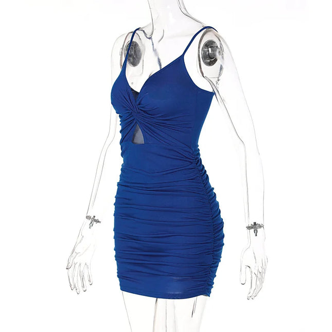 2022 Sexy Spaghetti Strap Bodycon Dress Women Backless Folds Wrap Hip Dresses Female Causal Streetwear Slim Dress Vestidos Robes Caethelstore.com