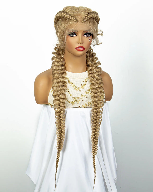 1B/30 Dark Brown Synthetic Lace Frontal Dutch Box Braided Wigs for Black Women Fishtail Braids Wigs with Baby Hair Cornrow Wigs Caethelstore.com