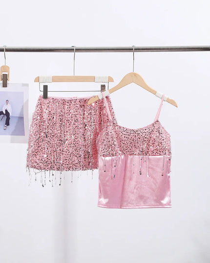 Sexy Tassel Chains Women's Set Elegant Solid Sequins Hip Package Female Party Mini Skirts Summer Holiday Lady Outfit Beachwear Urban Fashion Icon