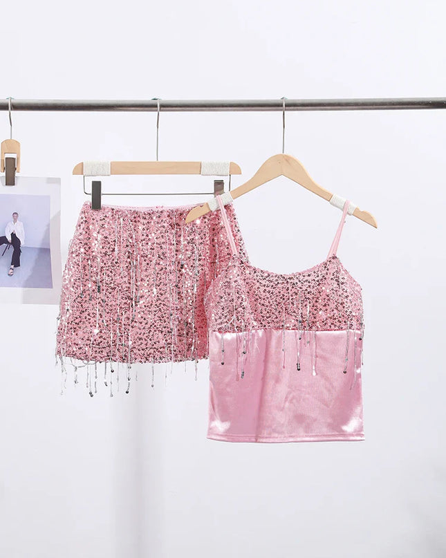 Sexy Tassel Chains Women's Set Elegant Solid Sequins Hip Package Female Party Mini Skirts Summer Holiday Lady Outfit Beachwear Urban Fashion Icon