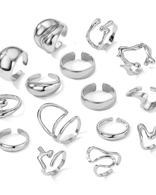 15Pcs/Set Exaggerated Metal Irregular Lines Water Droplet Smooth Rings for Women Men Punk Retro Boho Fashion Jewelry Gift Caethelstore.com