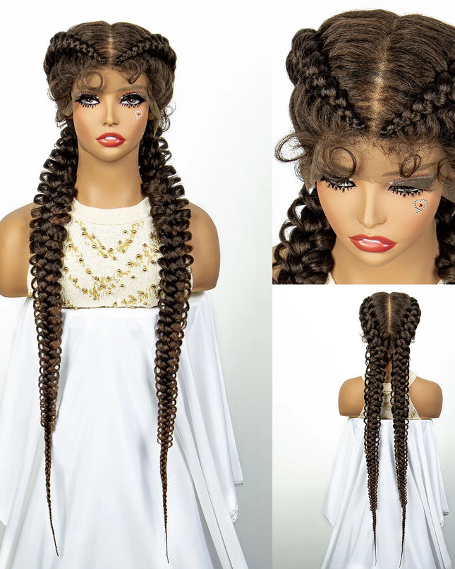 1B/30 Dark Brown Synthetic Lace Frontal Dutch Box Braided Wigs for Black Women Fishtail Braids Wigs with Baby Hair Cornrow Wigs Caethelstore.com