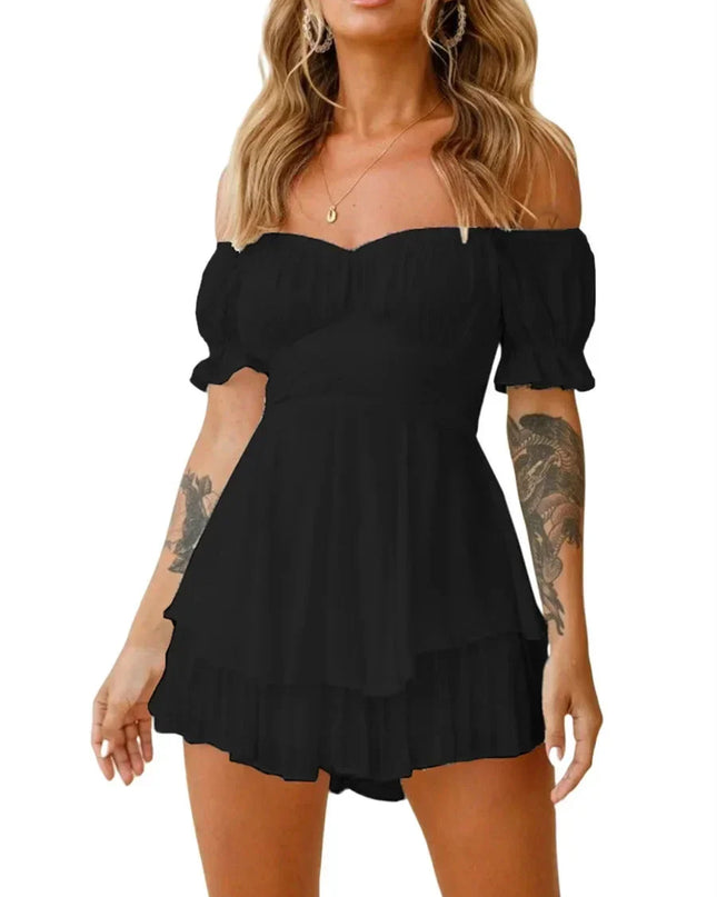 Women s Boho Off Shoulder Romper Double Layer Ruffle Hem Lantern Long Sleeve Waist Tie Back Chiffon Short Jumpsuits
