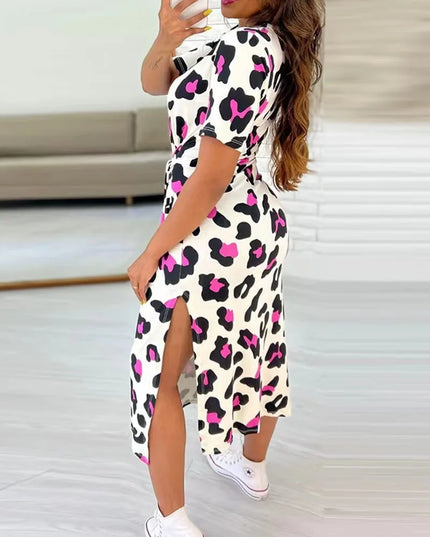 White Leopard Print Dress Tied Detail Slit Side Split Dress