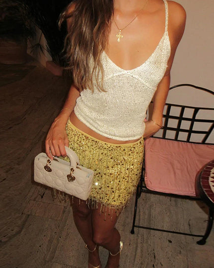 Sexy Tassel Chains Women's Set Elegant Solid Sequins Hip Package Female Party Mini Skirts Summer Holiday Lady Outfit Beachwear Urban Fashion Icon