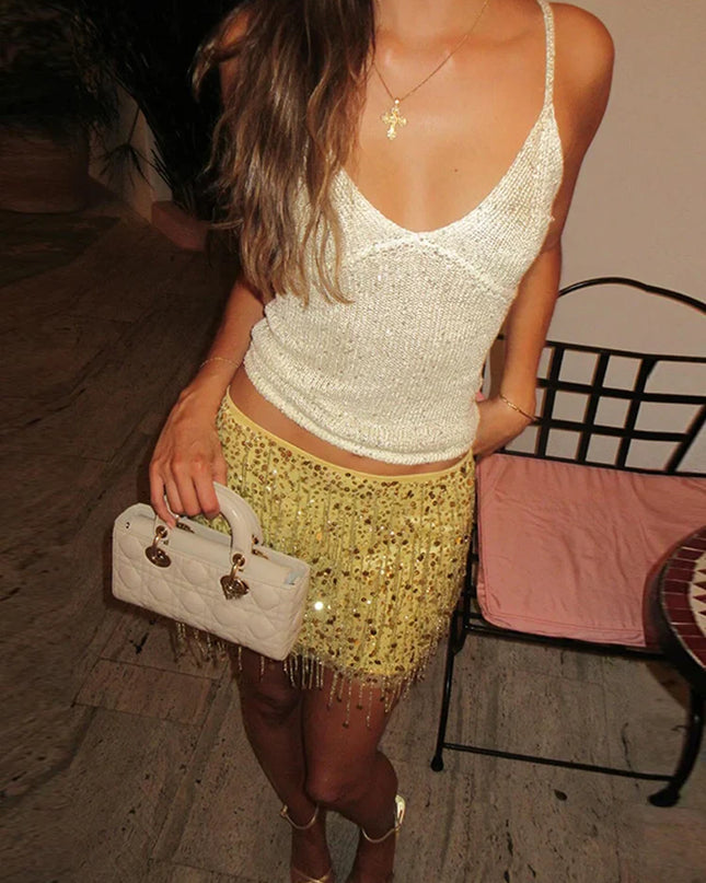 Sexy Tassel Chains Women's Set Elegant Solid Sequins Hip Package Female Party Mini Skirts Summer Holiday Lady Outfit Beachwear Urban Fashion Icon
