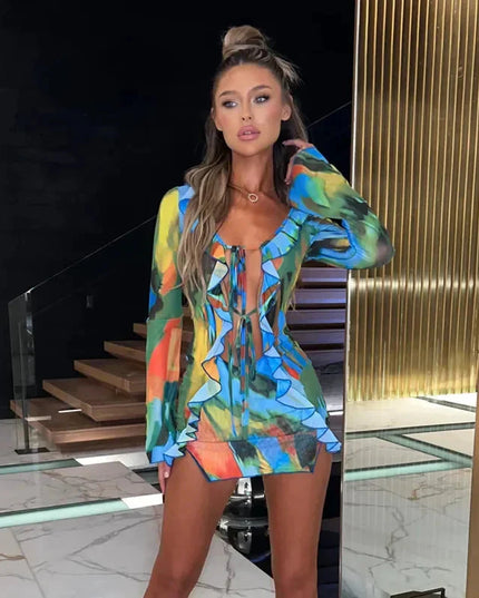 hirigin Women Ruffle Mini Dress Sexy Deep V Neck Cutout Mesh See Through Bodycon Short Dress Tie Dye Summer Beach Sundress
