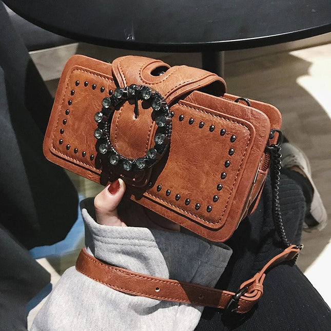 Vintage punk rhinestone buckle rivets decor shoulder crossbody bag for women