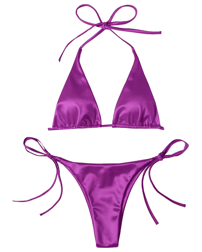 ShimmerWave: Luxe Satin Brazilian Bikini Set