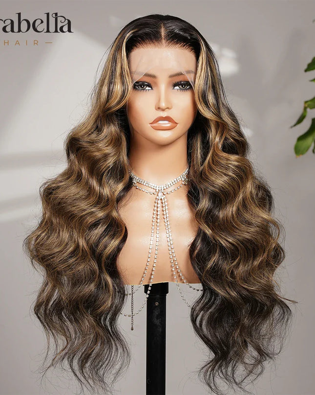 Arabella Hair Body Wave 13x6 Lace Frontal Human Hair Wigs Highlight Brown Color Glueless Wigs 6x5 Lace Closure 100% Human Hair
