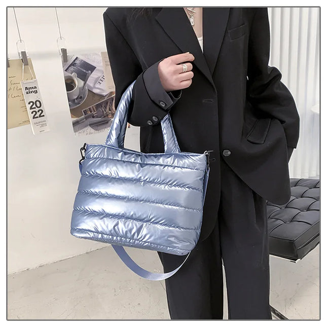 Light Blue Puffer Tote Bag: Quilted women's handbag, shoulder & crossbody bag, fashion, lightweight down cotton padded.