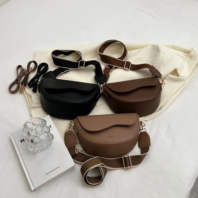 Women's Vintage Solid Color Flap Small Saddle Shoulder & Underarm Bag | Fashion PU Leather Wide Strap Crossbody Bag