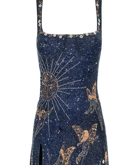 Fashion Square Neck Printed Slim Mini Dress Women Chic Split Sleeveless Backless Strap Dresses Summer Lady High Street Vestidos