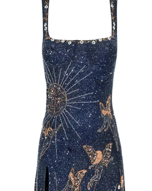 Fashion Square Neck Printed Slim Mini Dress Women Chic Split Sleeveless Backless Strap Dresses Summer Lady High Street Vestidos