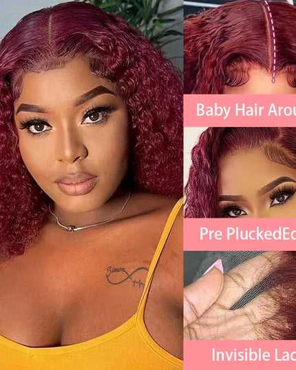 99J Colored Curly Deep Water Wave 13x4 Lace Front Wigs Preplucked Burgundy Red Short Cut Bob Frontal Wig 100% Human Hair 14 Inch