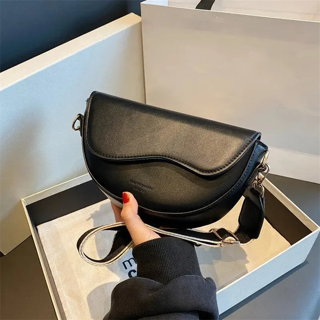 Women's Vintage Solid Color Flap Small Saddle Shoulder & Underarm Bag | Fashion PU Leather Wide Strap Crossbody Bag