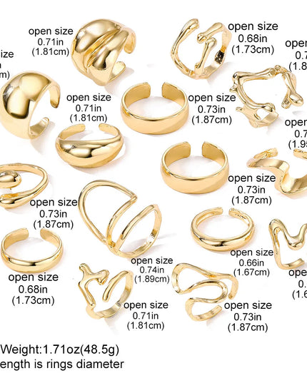 15Pcs/Set Exaggerated Metal Irregular Lines Water Droplet Smooth Rings for Women Men Punk Retro Boho Fashion Jewelry Gift Caethelstore.com