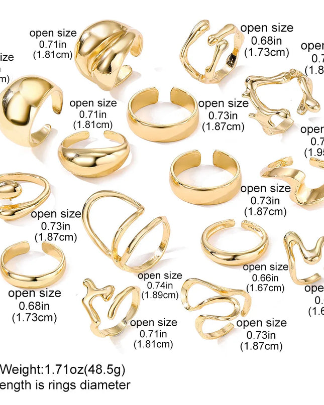 15Pcs/Set Exaggerated Metal Irregular Lines Water Droplet Smooth Rings for Women Men Punk Retro Boho Fashion Jewelry Gift Caethelstore.com