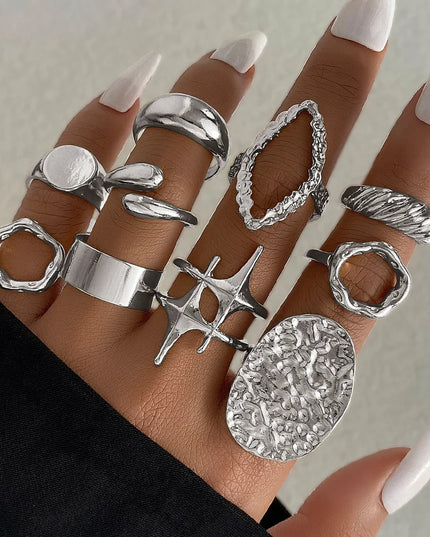 15Pcs/Set Exaggerated Metal Irregular Lines Water Droplet Smooth Rings for Women Men Punk Retro Boho Fashion Jewelry Gift Caethelstore.com