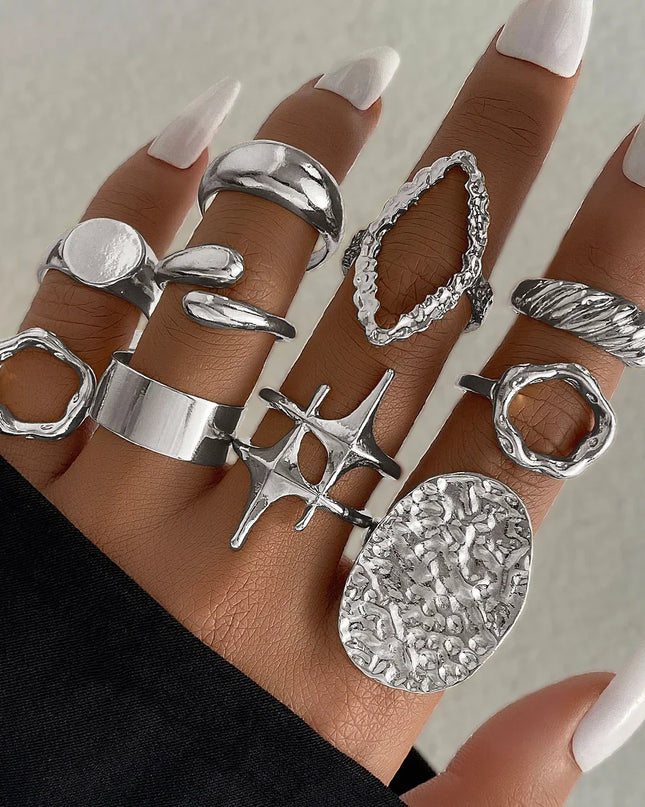 15Pcs/Set Exaggerated Metal Irregular Lines Water Droplet Smooth Rings for Women Men Punk Retro Boho Fashion Jewelry Gift Caethelstore.com