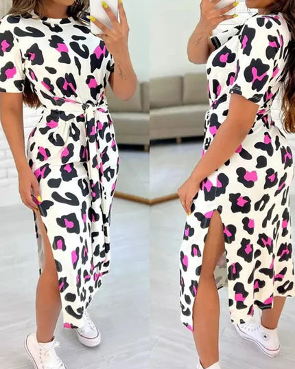 White Leopard Print Dress Tied Detail Slit Side Split Dress