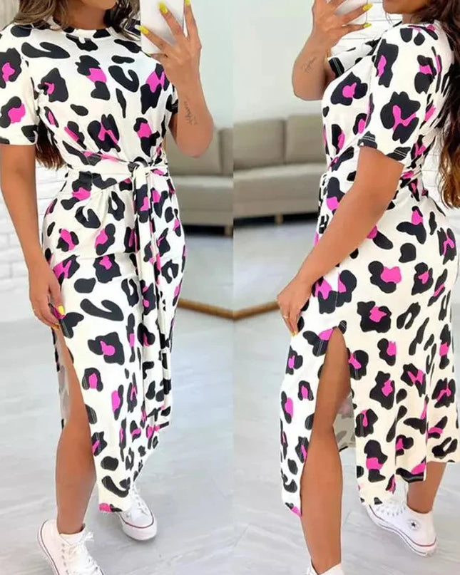 White Leopard Print Dress Tied Detail Slit Side Split Dress