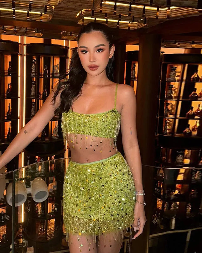 Sexy Tassel Chains Women's Set Elegant Solid Sequins Hip Package Female Party Mini Skirts Summer Holiday Lady Outfit Beachwear Urban Fashion Icon