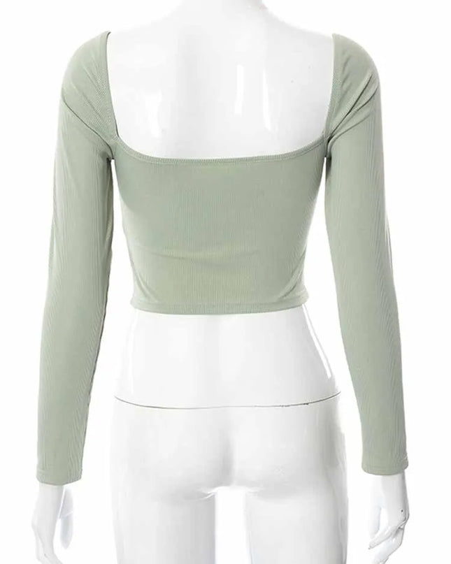 Hollow-Out V-Neck Long Sleeve Crop Top for Women, Spring and Fall Casual Fashion, Square Neck Slim Ribbed T-Shirt, Backless Tee Urban Fashion Icon