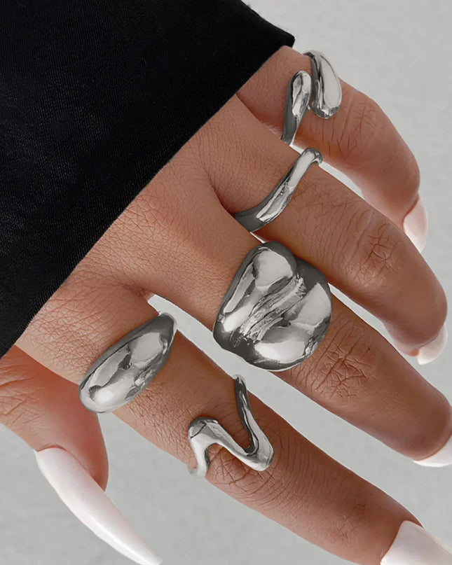 15Pcs/Set Exaggerated Metal Irregular Lines Water Droplet Smooth Rings for Women Men Punk Retro Boho Fashion Jewelry Gift Caethelstore.com