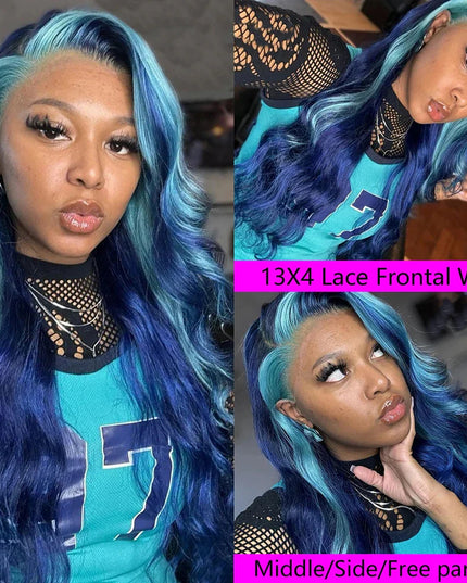 13x4 Lace Front Wig Blue Body Wave Wig Natural Highlight Blue Streak Wave Wigs for Womenen Synthetic Glueless Wigs Daily
