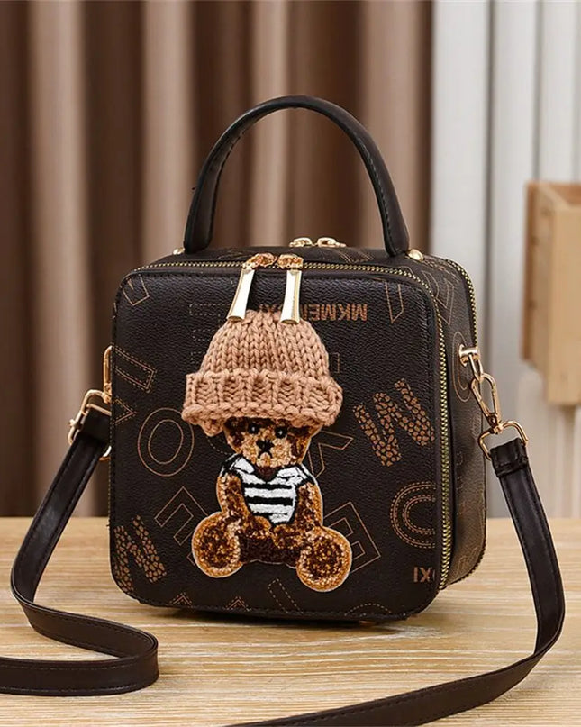PU Leather Shoulder Bags | Fashion Simple Cute Cartoon Bear Crossbody Bag & Messenger Bag (Women's Small Square Handbags)