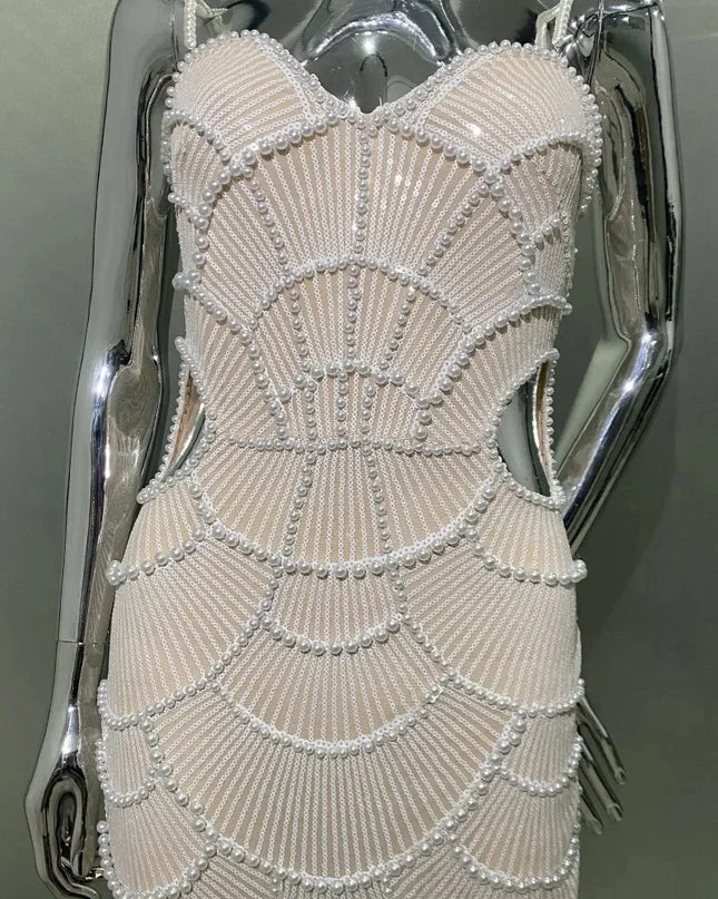 STOCK New Arrival Shining Sequins Beading Hollow Out Spaghetti Strap Long Dress Woman Birthday Party Dress Sweet Dateing Outfit