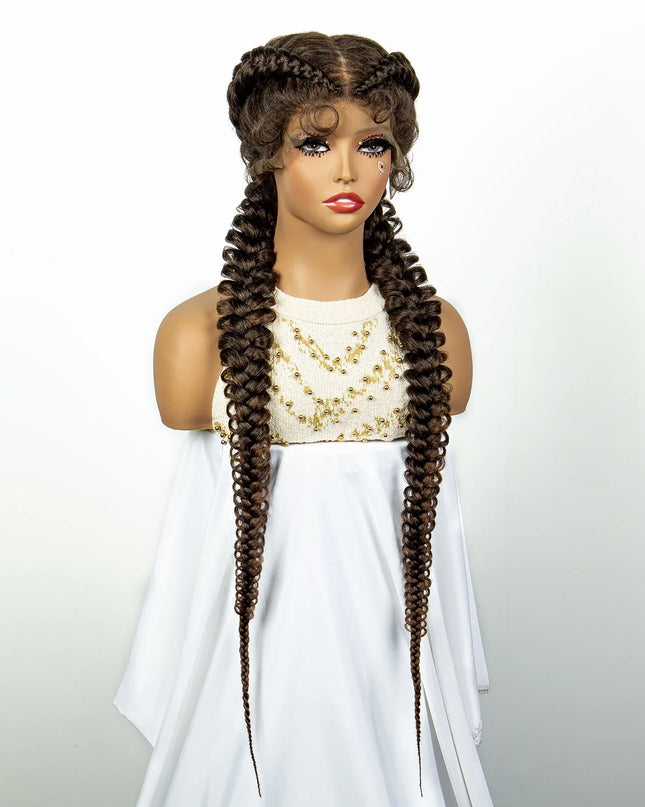 1B/30 Dark Brown Synthetic Lace Frontal Dutch Box Braided Wigs for Black Women Fishtail Braids Wigs with Baby Hair Cornrow Wigs Caethelstore.com