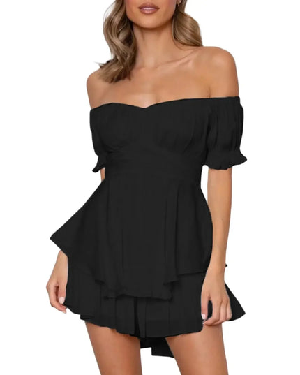 Women s Boho Off Shoulder Romper Double Layer Ruffle Hem Lantern Long Sleeve Waist Tie Back Chiffon Short Jumpsuits
