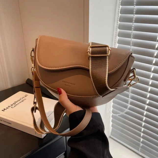 Women's Vintage Solid Color Flap Small Saddle Shoulder & Underarm Bag | Fashion PU Leather Wide Strap Crossbody Bag
