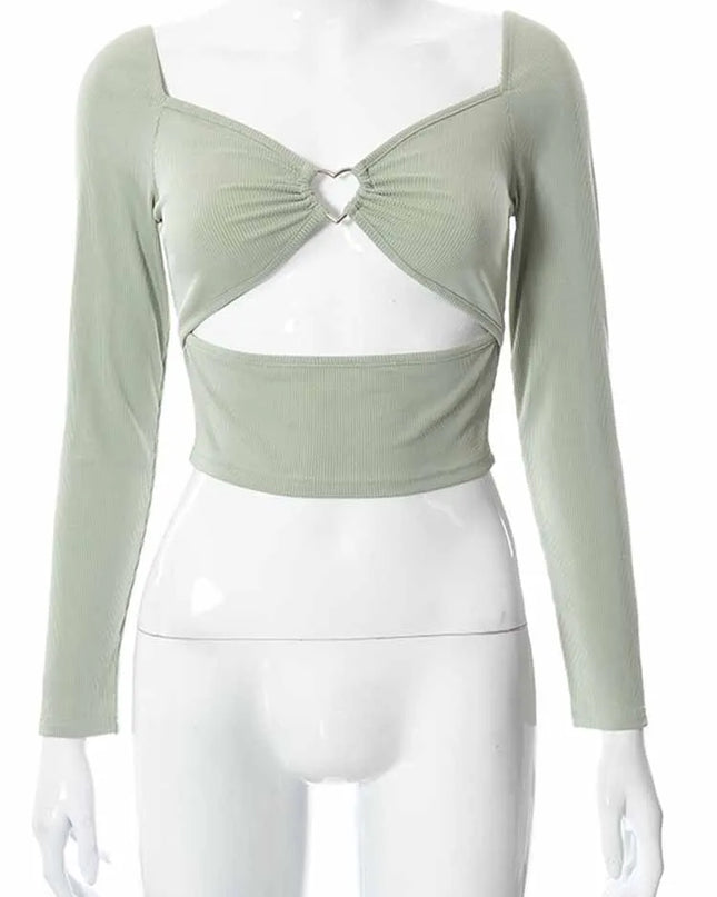 Hollow-Out V-Neck Long Sleeve Crop Top for Women, Spring and Fall Casual Fashion, Square Neck Slim Ribbed T-Shirt, Backless Tee Urban Fashion Icon