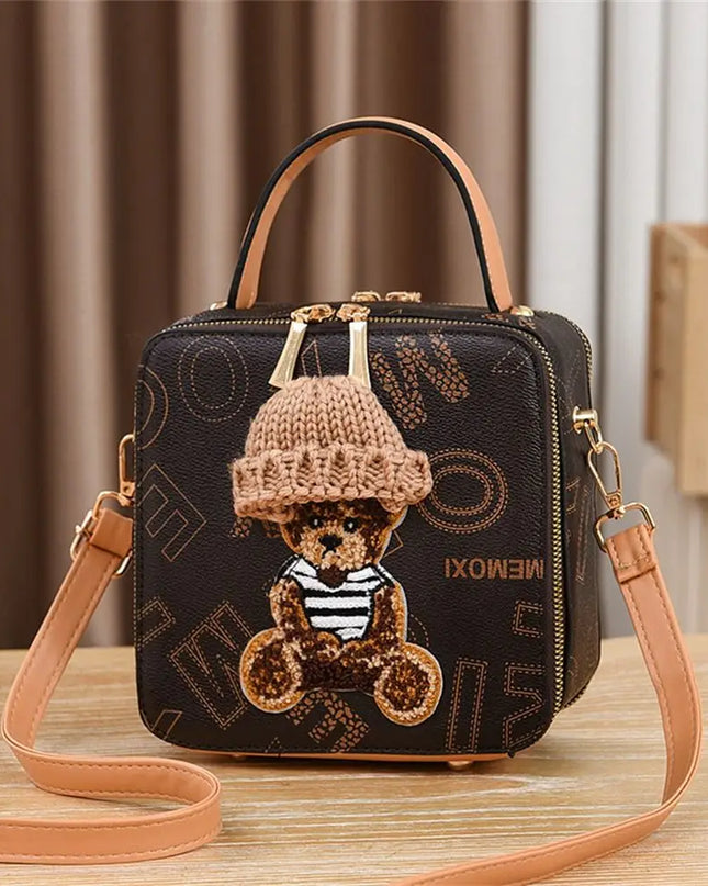 PU Leather Shoulder Bags | Fashion Simple Cute Cartoon Bear Crossbody Bag & Messenger Bag (Women's Small Square Handbags)