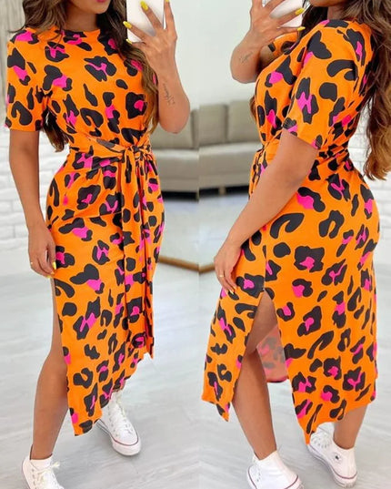 White Leopard Print Dress Tied Detail Slit Side Split Dress