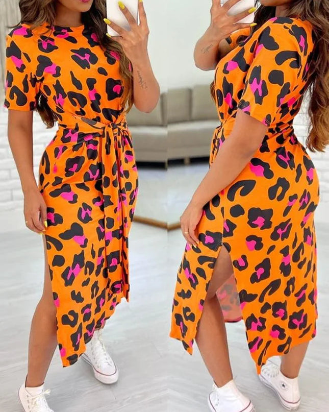 White Leopard Print Dress Tied Detail Slit Side Split Dress