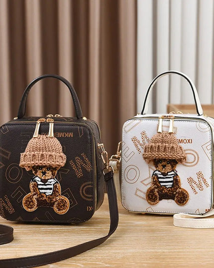 PU Leather Shoulder Bags | Fashion Simple Cute Cartoon Bear Crossbody Bag & Messenger Bag (Women's Small Square Handbags)