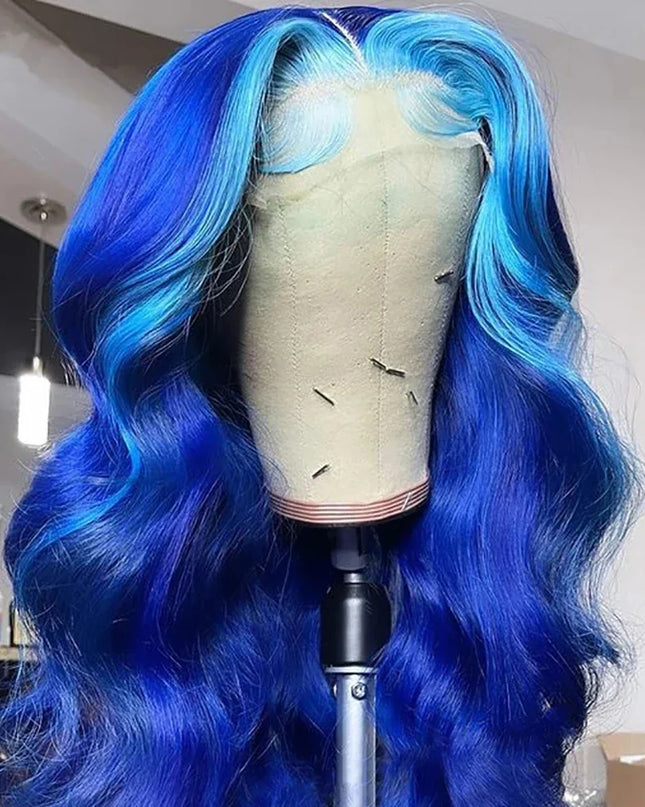 13x4 Lace Front Wig Blue Body Wave Wig Natural Highlight Blue Streak Wave Wigs for Womenen Synthetic Glueless Wigs Daily