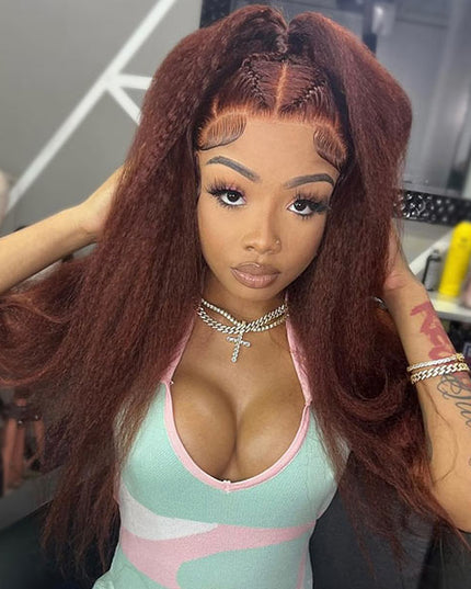 [Save $100] Junoda Fall Color Kinky Straight Pre Cut Lace Wig Reddish Brown Wear & Go Wig junoda