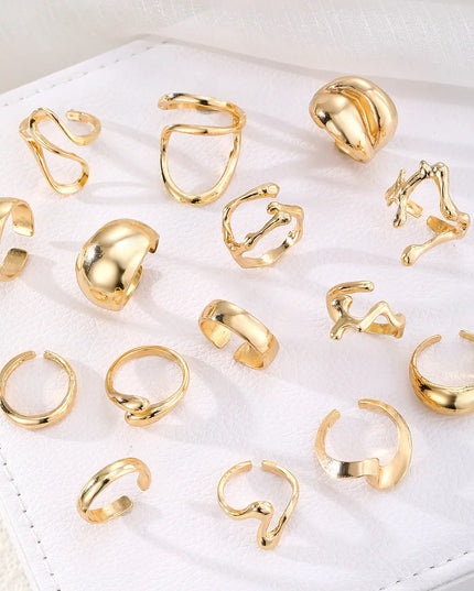 15Pcs/Set Exaggerated Metal Irregular Lines Water Droplet Smooth Rings for Women Men Punk Retro Boho Fashion Jewelry Gift Caethelstore.com