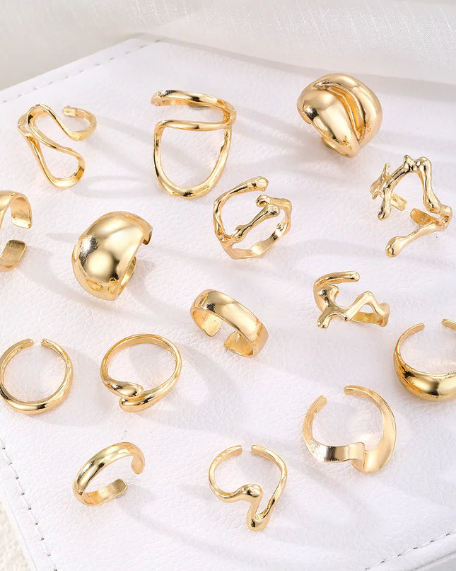15Pcs/Set Exaggerated Metal Irregular Lines Water Droplet Smooth Rings for Women Men Punk Retro Boho Fashion Jewelry Gift Caethelstore.com