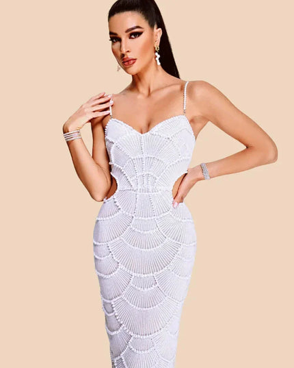 STOCK New Arrival Shining Sequins Beading Hollow Out Spaghetti Strap Long Dress Woman Birthday Party Dress Sweet Dateing Outfit