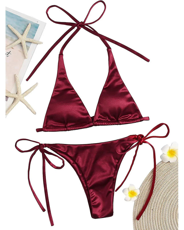 ShimmerWave: Luxe Satin Brazilian Bikini Set