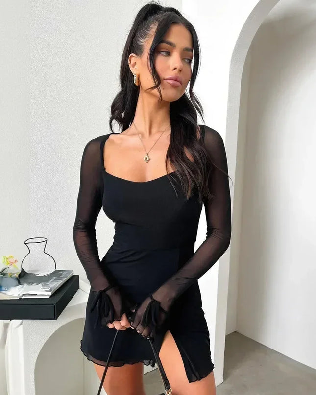 BOOFEENAA See Through Mesh Long Sleeve Dress White Black Sexy Club Outfits Square Neck Slit Mini Dresses for Women C18-BH24