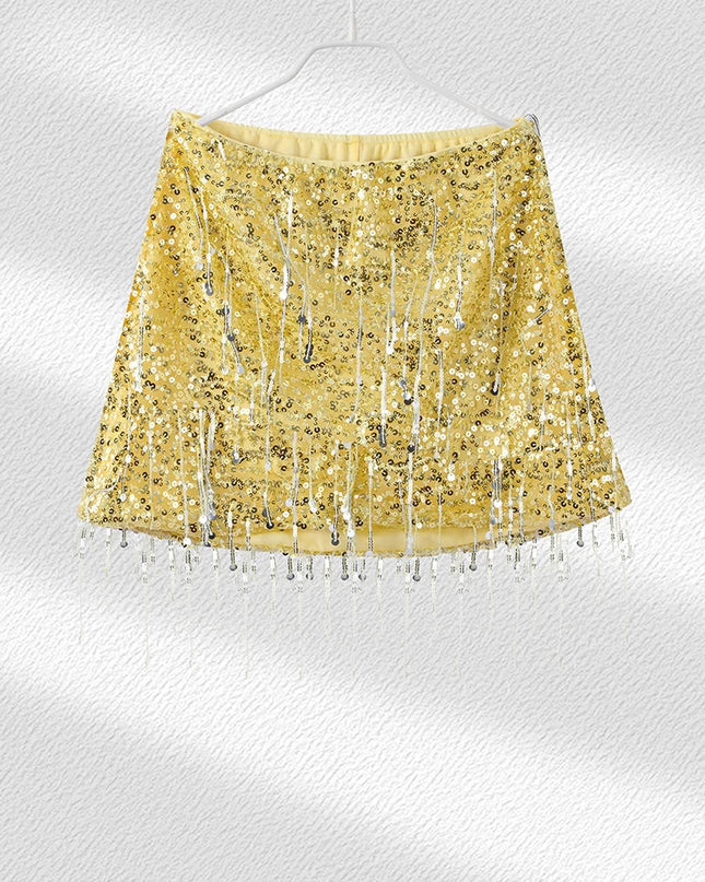Sexy Tassel Chains Women's Set Elegant Solid Sequins Hip Package Female Party Mini Skirts Summer Holiday Lady Outfit Beachwear Urban Fashion Icon