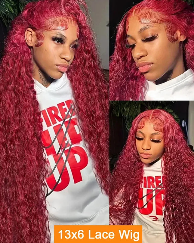 100% Human Hair Deep Wave 99J Burgundy 13x4 Lace Frontal Wig 13x6 Curly 30 40 Inch HD Lace Front Wigs Red Water Kinky Brazilian