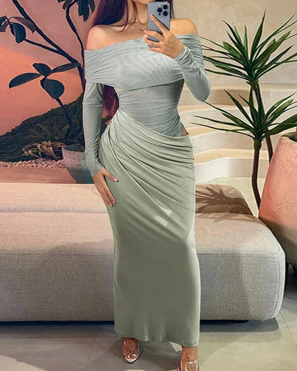 Sexy Light Mesh Solid Color Transparent Dress Women Bodycon One Shoulder Club Party Dress Winter Elegant Long Sleeve Long Dress